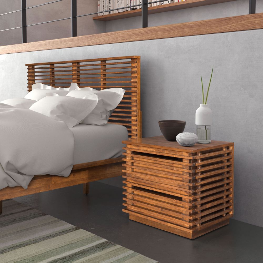 MESA AUXILIAR ZUO LINEA | Mesa Auxiliar Nogal para Habitación Cuarto | 2 Cajones | Madera de Caucho Chapada en Nogal MDF | Interior