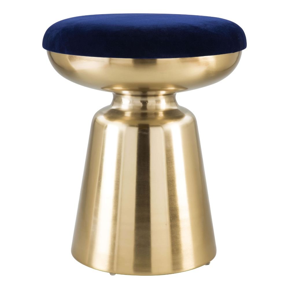 TABURETE LATERAL ZUO JUNIPER | Taburete Lateral Ocasional Decorativo | 48 cm | Estructura Hierro Galvanizado Dorado | Azul | Tela de Terciopelo MDF | Interior